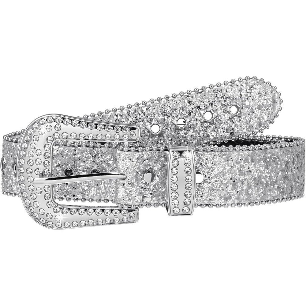 Western Cowgirl Rhinestone Belt Silver Leather Sequin Bling for Jeans Dresses